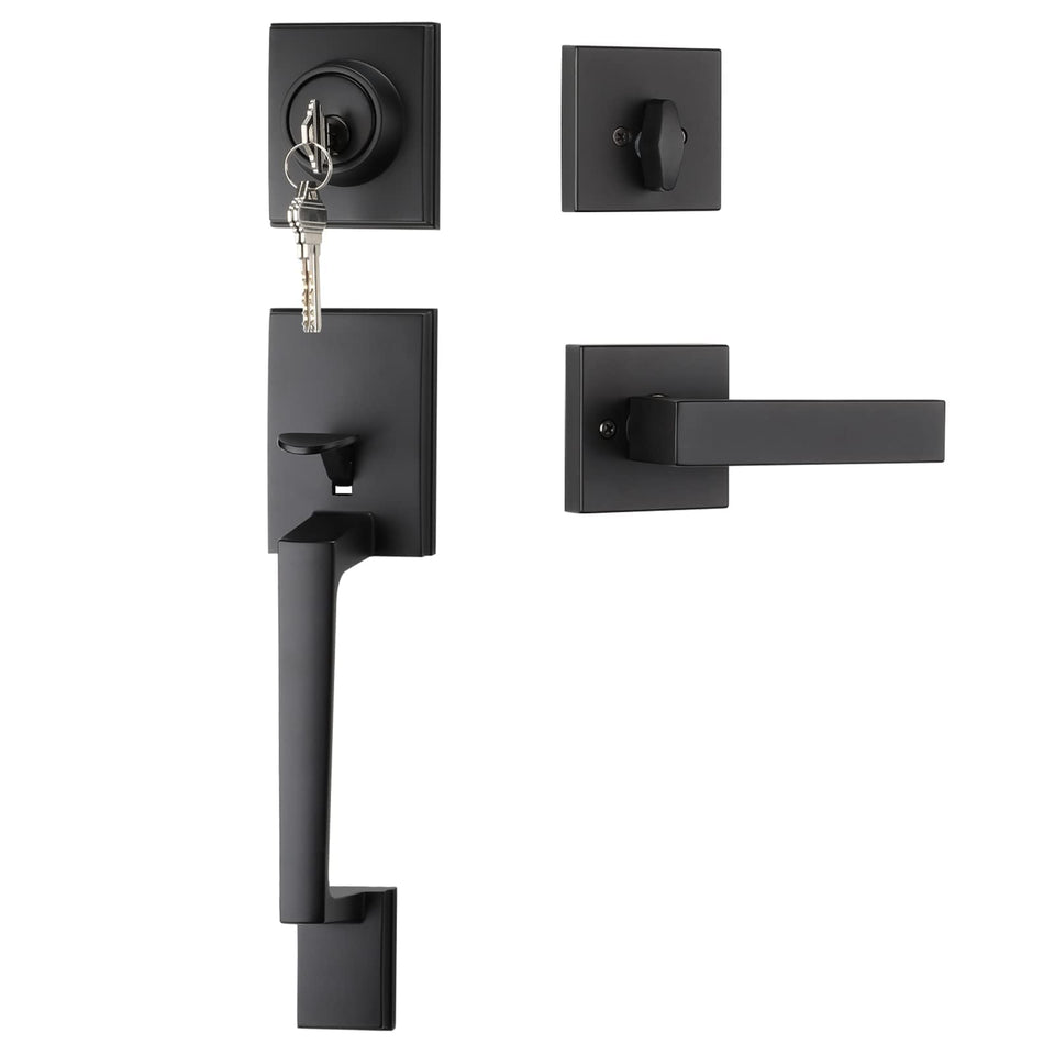 Haidms black front door handle and deadbolt set front view highlighting durable zinc alloy construction