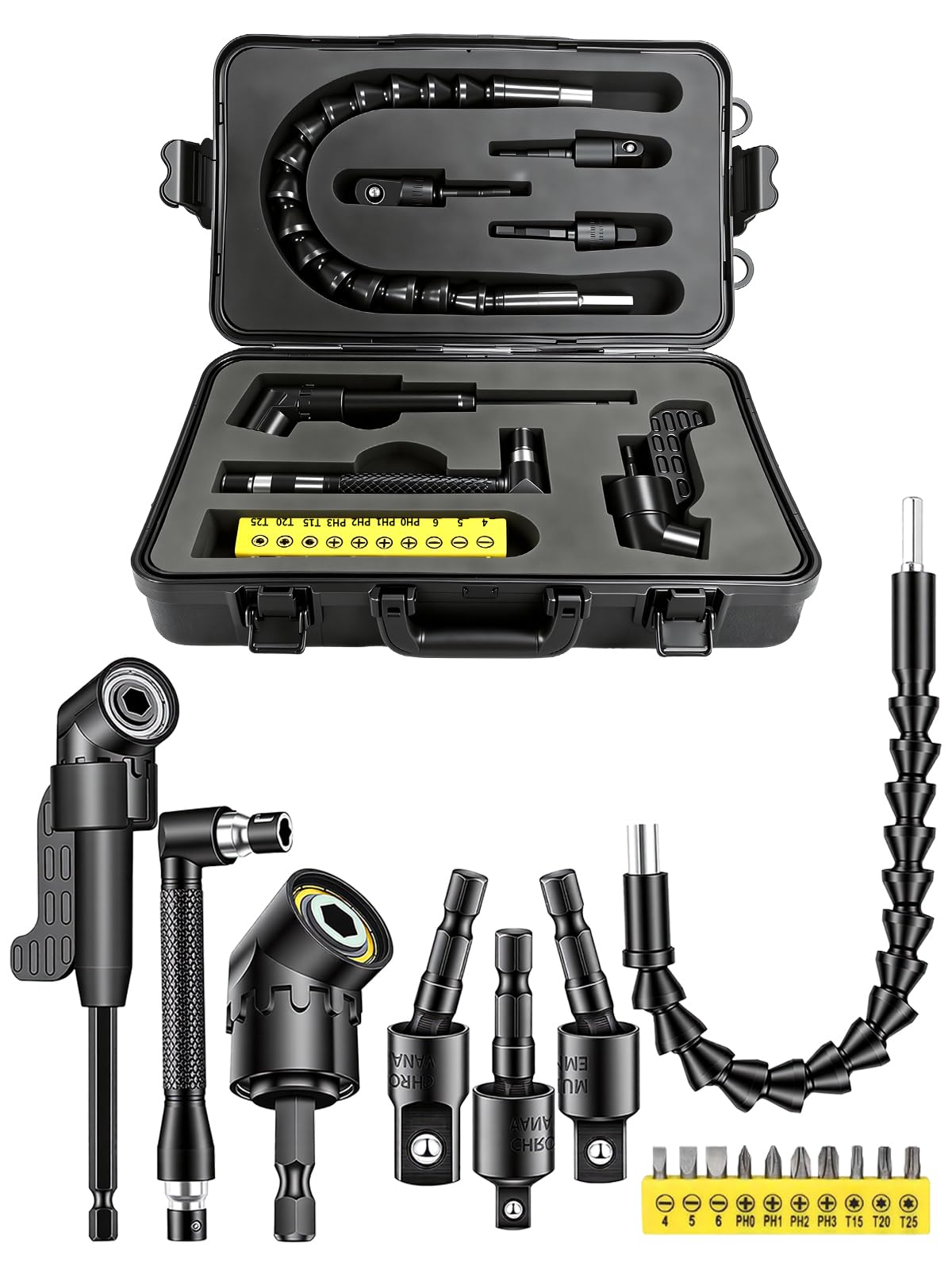HaimaiLife right-angle drill attachment reaches bolts in tight spaces.