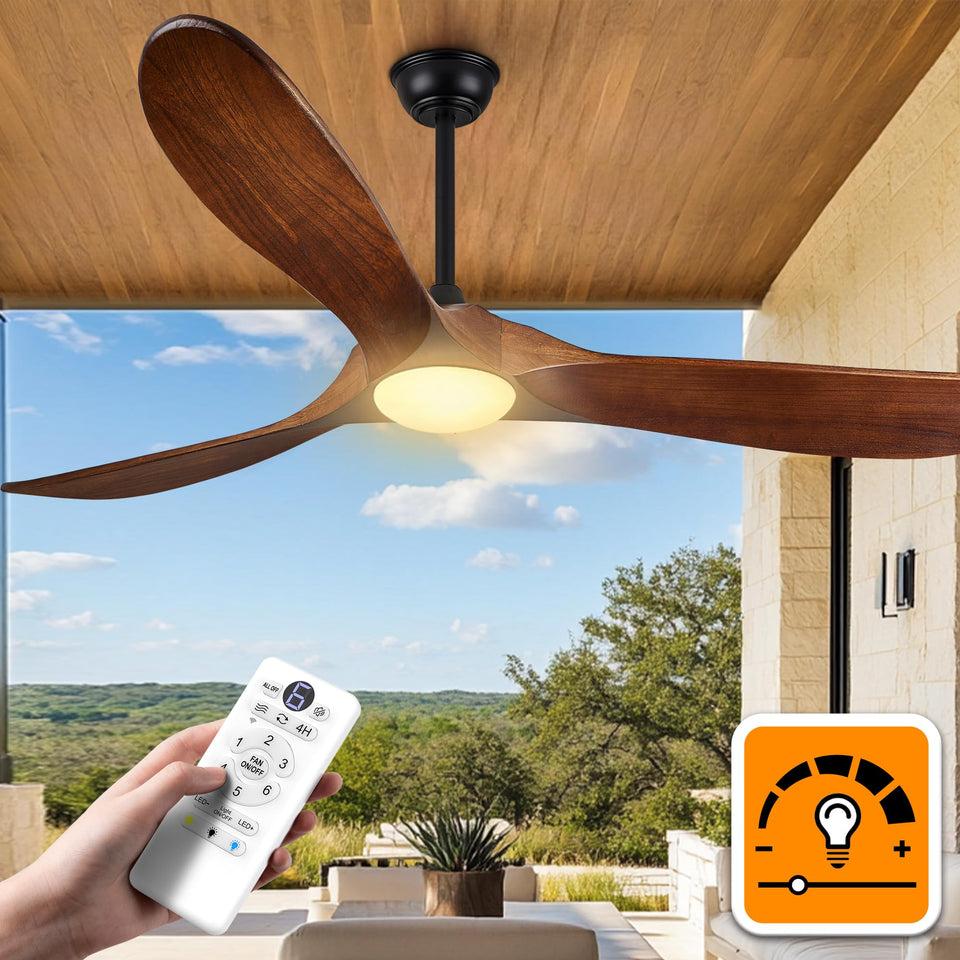 Haipeel 52-inch fan with lights close-up highlights walnut wood blades for outdoor ambiance