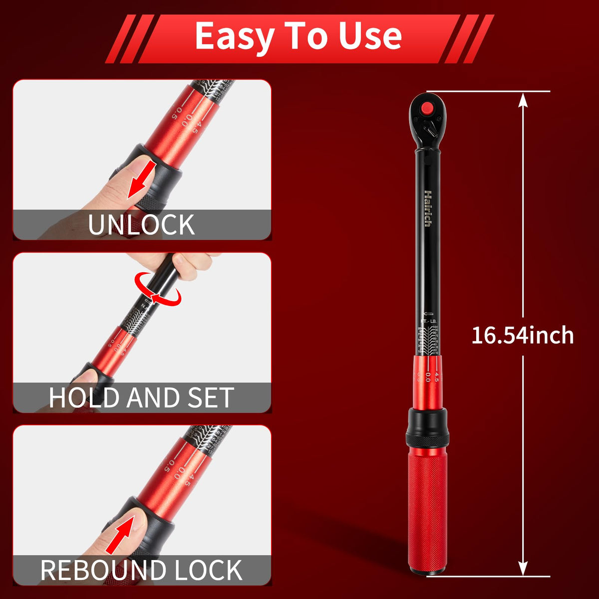 Hairich 3/8 inch torque wrench aluminum handle offers comfortable grip.