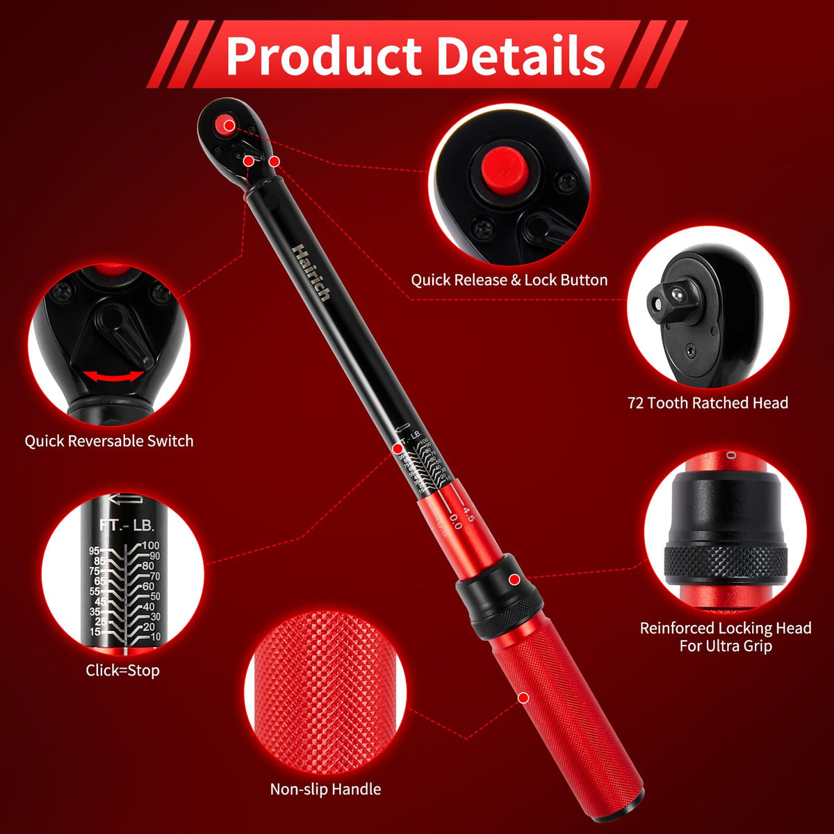 Hairich 3/8 inch torque wrench dual-range scales for easy unit conversion.