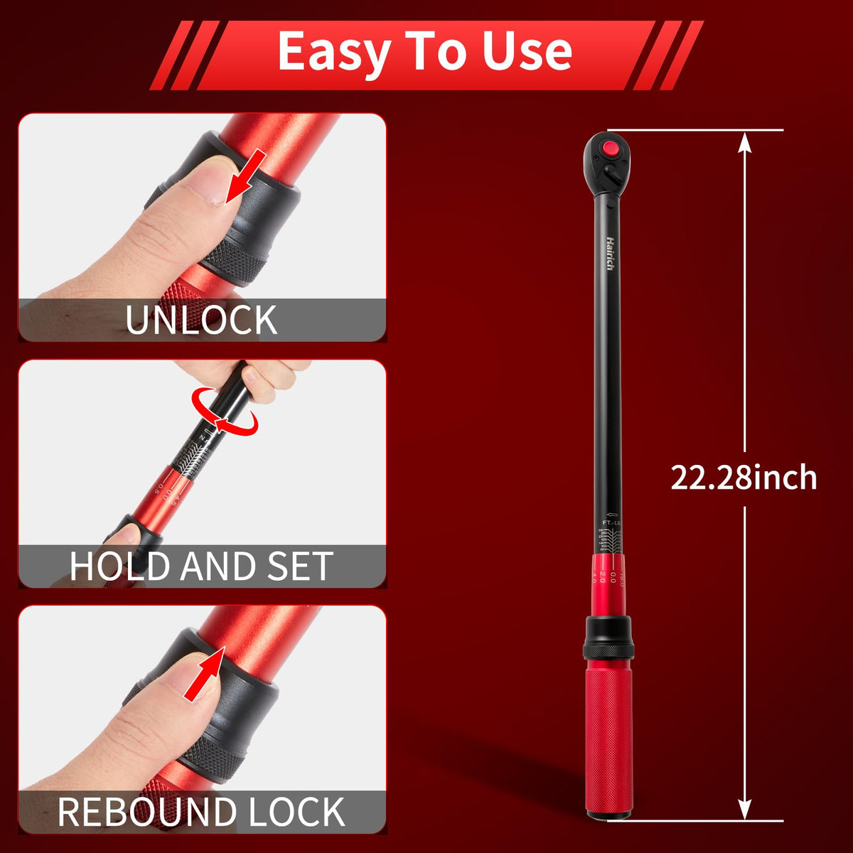 Hairich torque wrench emits audible click at target torque.