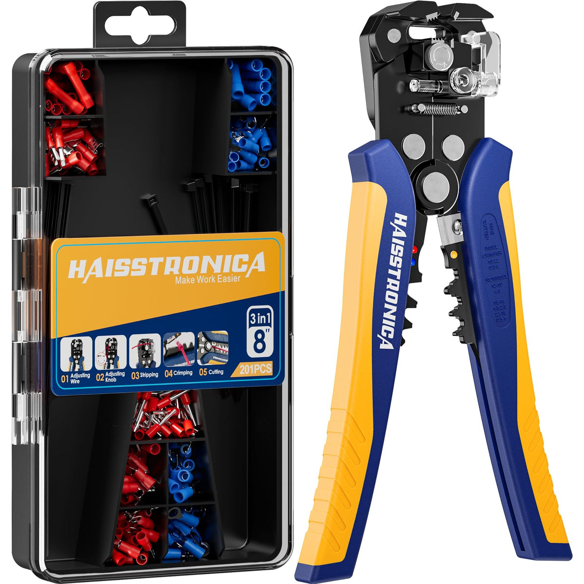 haisstronica 201pcs wire-stripper kit close-up showing automatic stripping for clean edges.