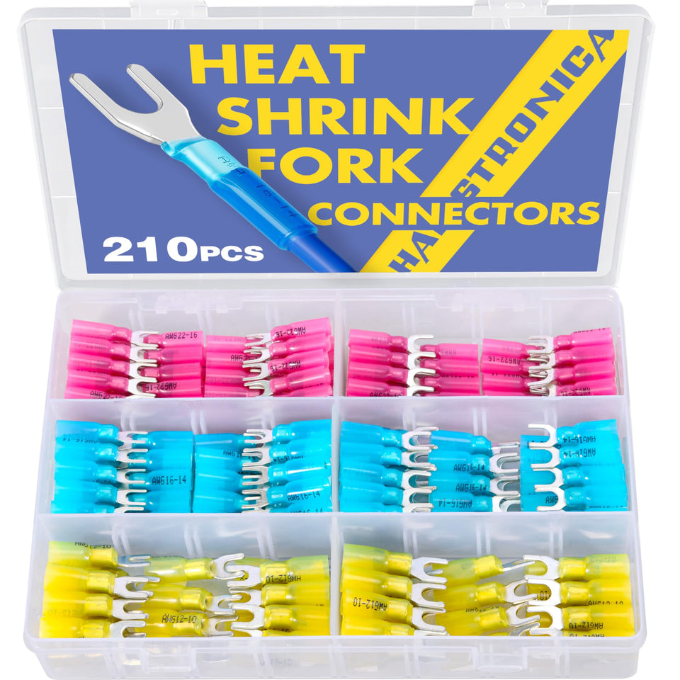 haisstronica 210pcs heat shrink connectors in blue red yellow for secure wiring.