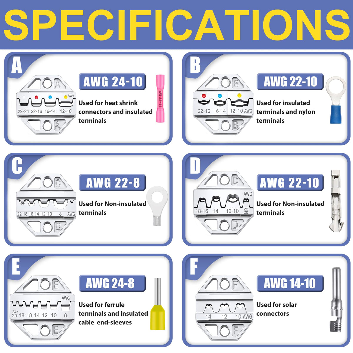 haisstronica six-die set supports heat shrink, insulated, and non-insulated terminals.
