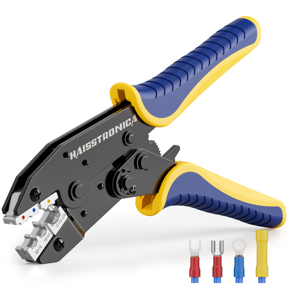 haisstronica crimping tool close-up on insulated connector jaws for precise crimps.