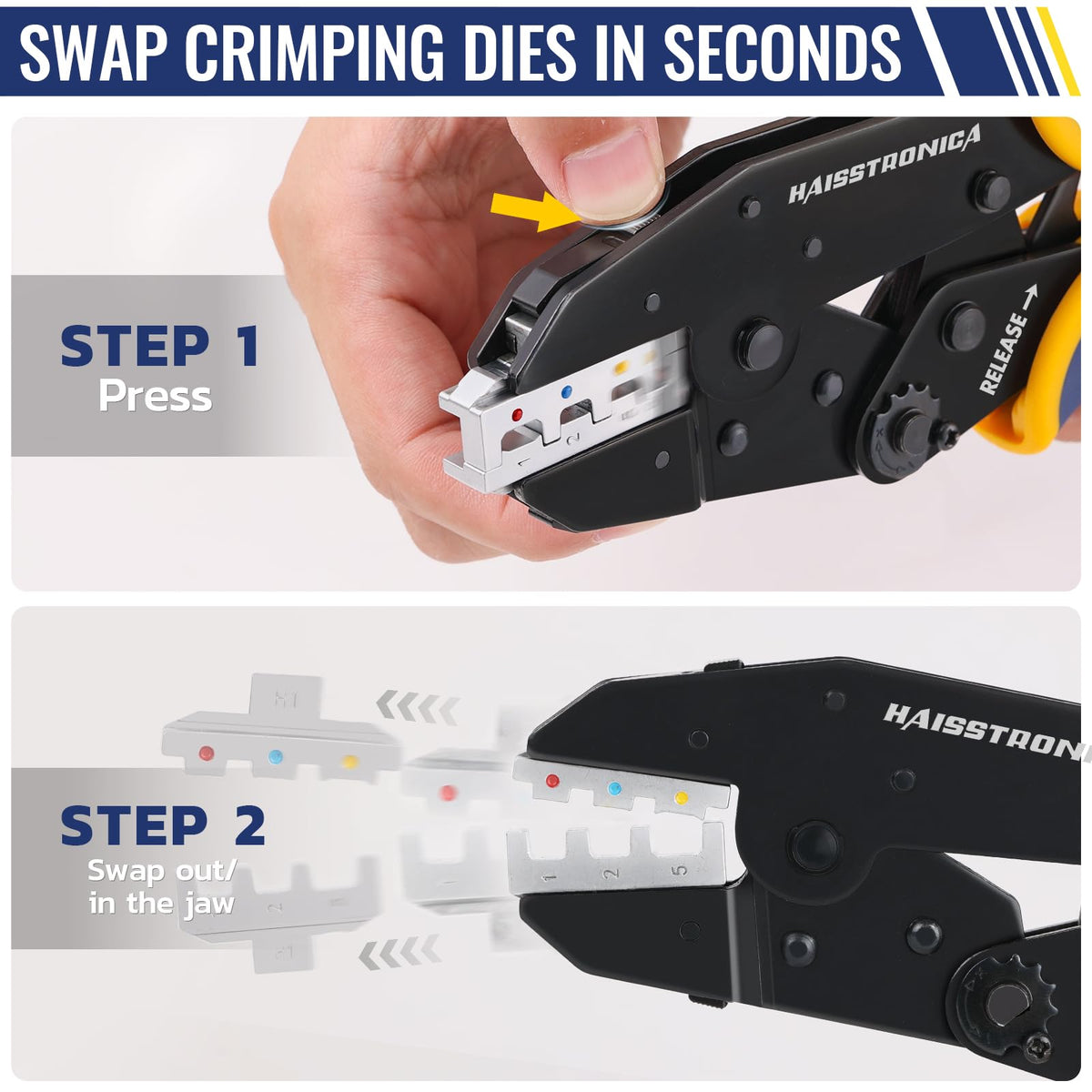 haisstronica crimping tool shown with ratcheting mechanism for precise crimps