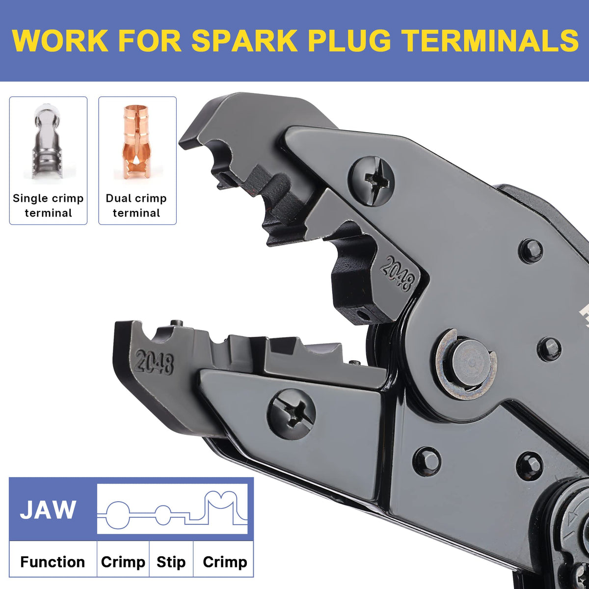 Haisstronica HS-2048 jaw close-up, precise crimping without conductor damage.