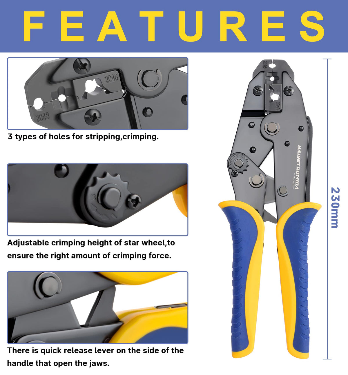 Haisstronica HS-2048 ratchet mechanism, ensures a clean, consistent crimp every time.