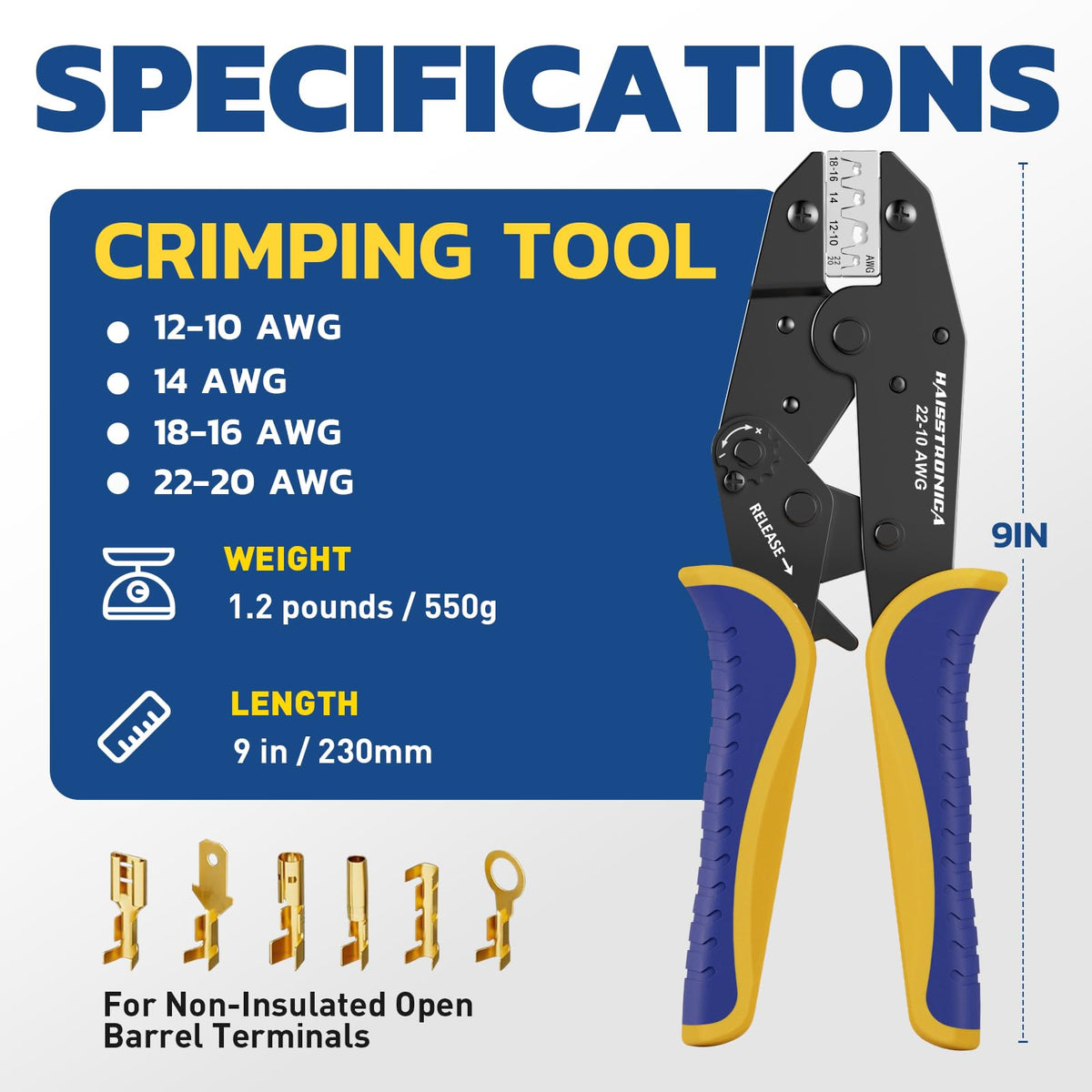 Haisstronica jaws close-up showing secure grip on open-barrel terminals