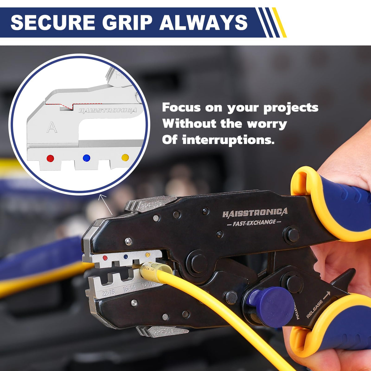 Haisstronica precision ratchet grip shown for comfortable, reliable crimping.