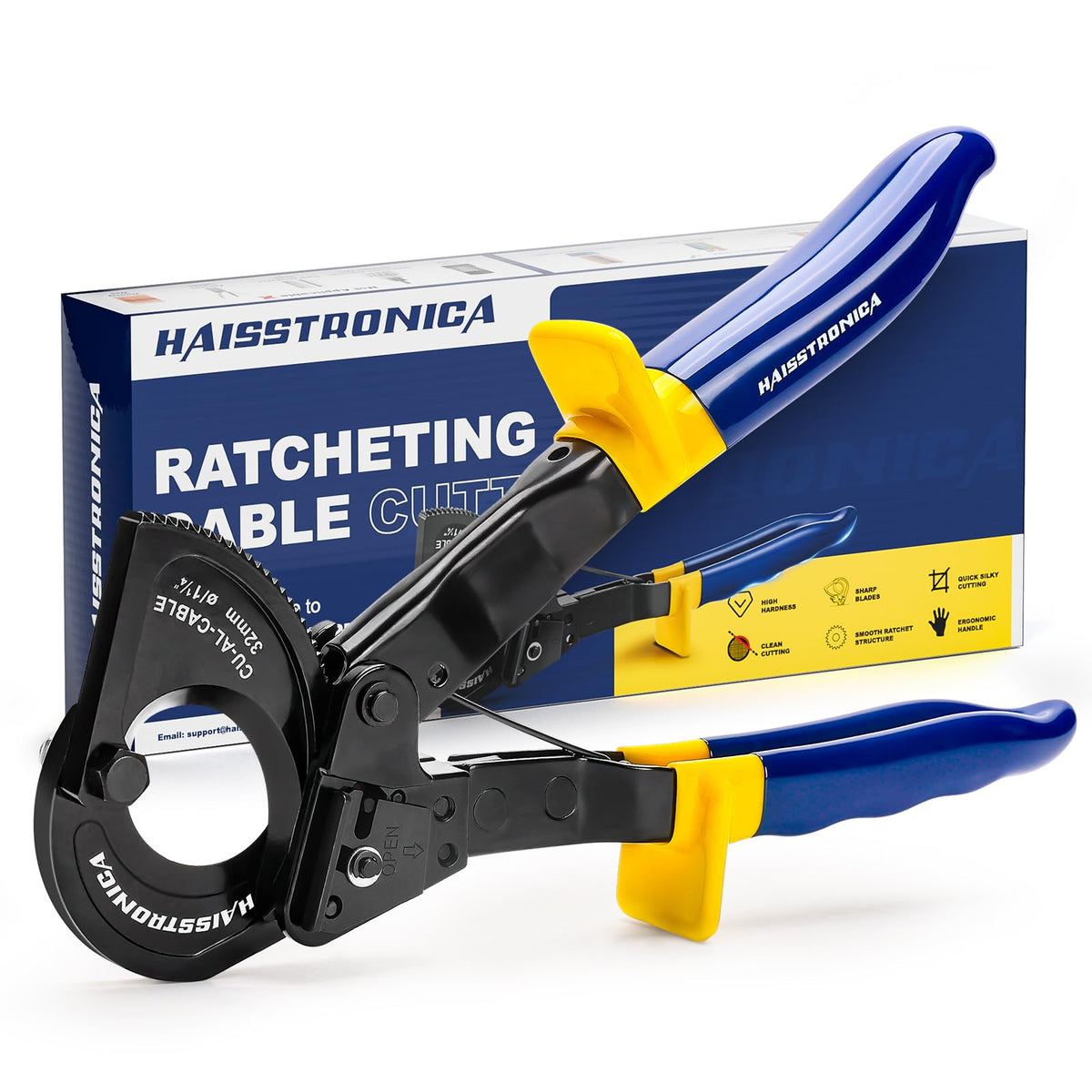 haisstronica ratchet cable cutters body close-up shows robust construction for durable cuts