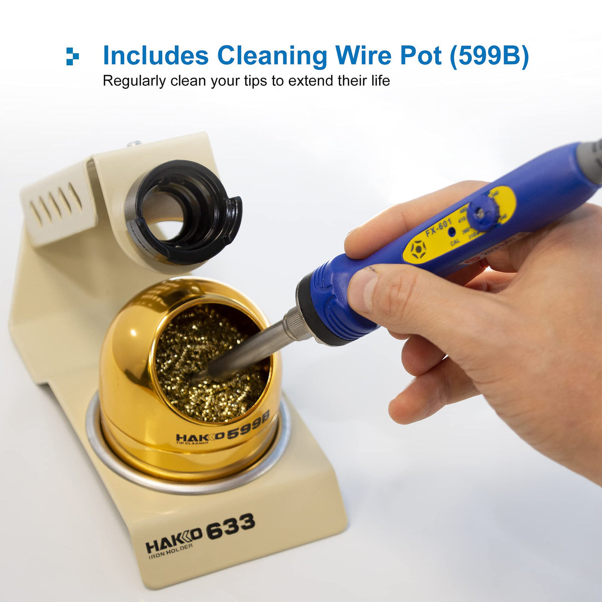 Hakko 633-01 cleaning wire pot supports water-free tip cleaning.