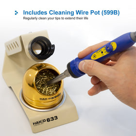 Hakko 633-01 cleaning wire pot supports water-free tip cleaning.