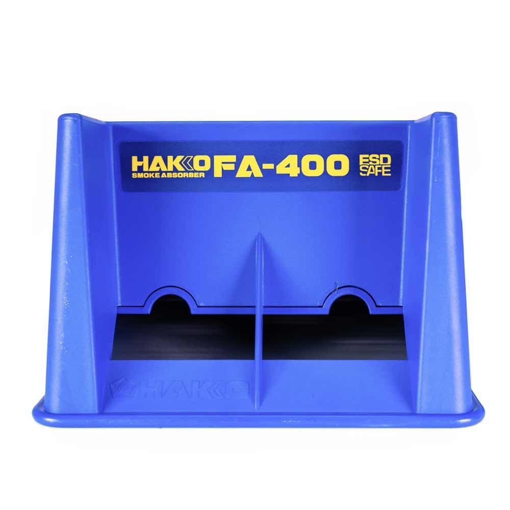 Hakko FA400-04 smoke absorber side profile, highlighting compact footprint on a workstation.