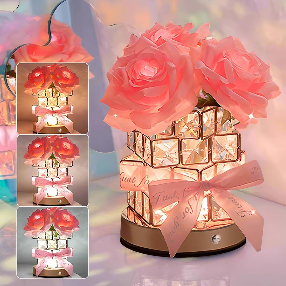 HAKSEIFA Rose Flower Lamp base on a nightstand provides soft ambience for evenings.