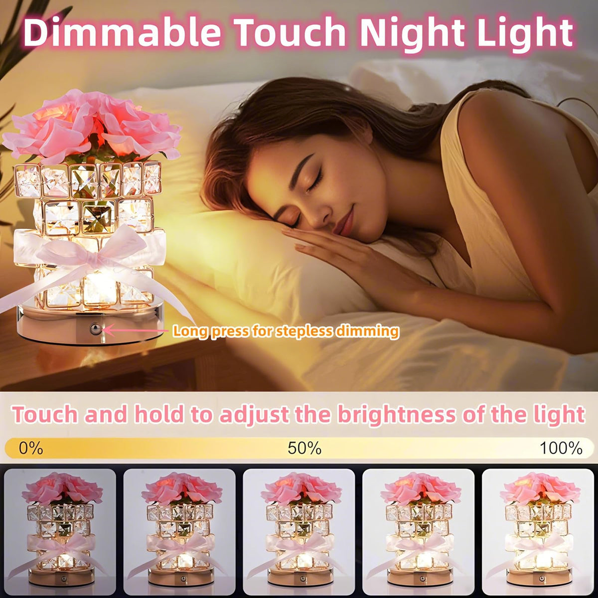 HAKSEIFA Rose Flower Lamp touch-control lets you switch colors with a tap.