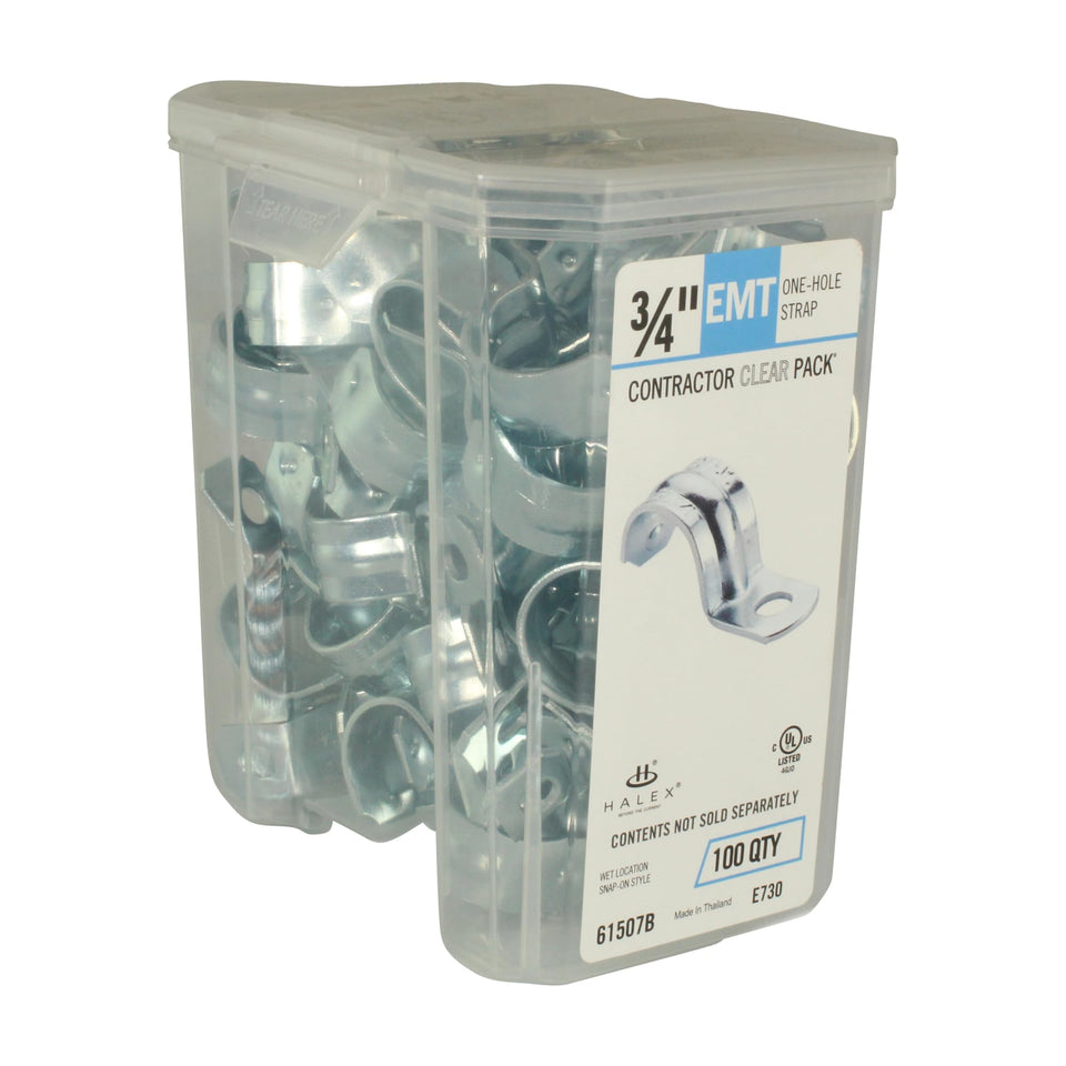 Halex 3/4 in EMT strap close-up showing secure one-hole design for reliable mounting.