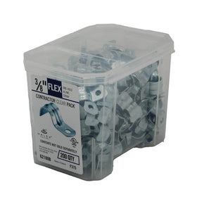 Halex 3/8 in conduit strap securing cables to wood and masonry.