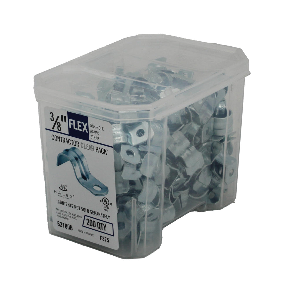 Halex 3/8 in conduit strap securing cables to wood and masonry.