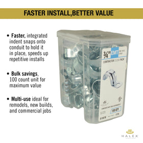 Halex strap with integrated indent helps quick conduit alignment during install.