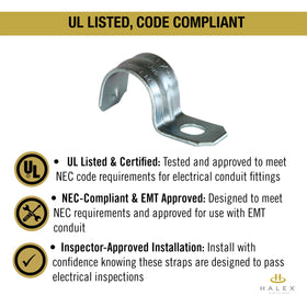 Halex UL-listed strap ensures code-compliant conduit fittings and inspections.