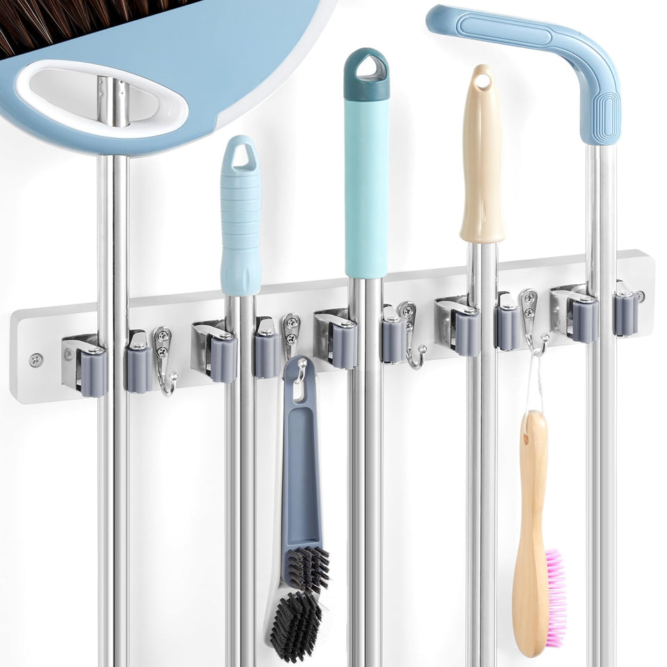HALFTRY White Broom Holder with 5 slots and 4 hooks keeps mops organized and accessible