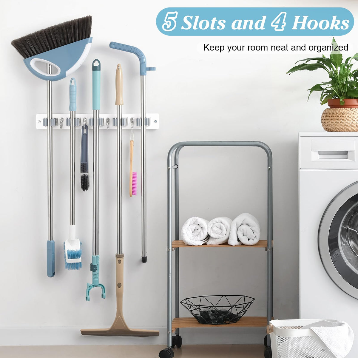 HALFTRY wall-mount broom organizer with included drywall anchors and screws for easy setup