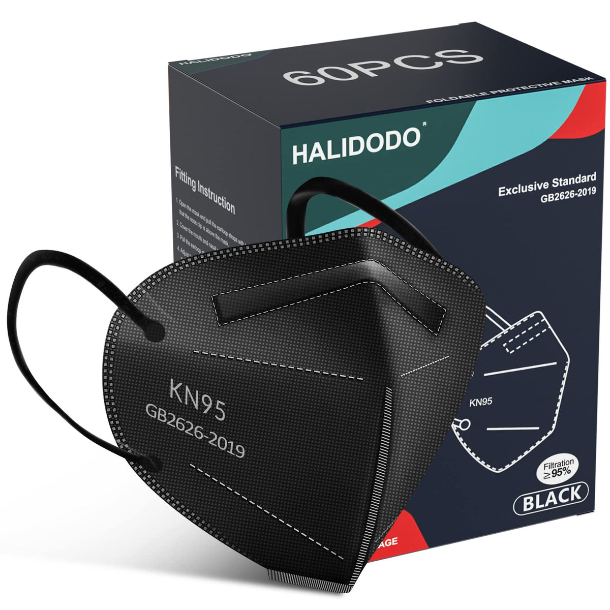 HALIDODO KN95 mask 60-pack individually wrapped for convenient, on-the-go hygiene