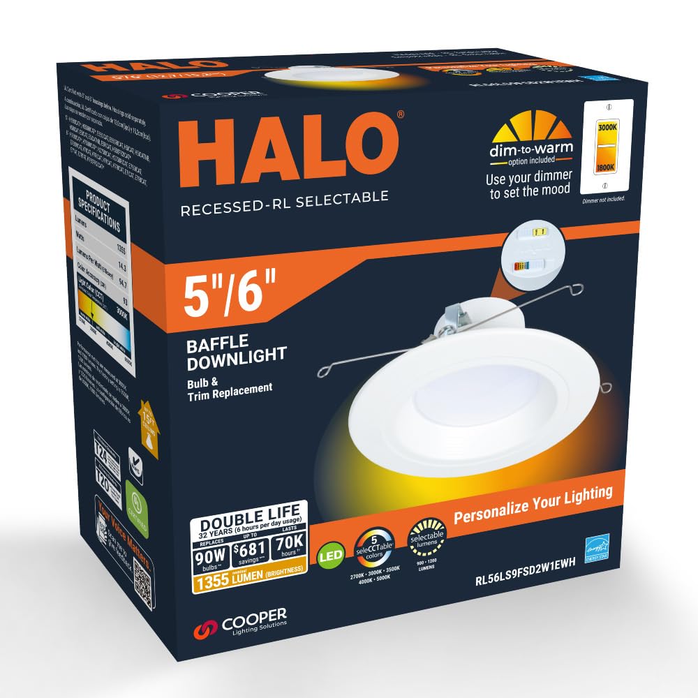 HALO RL56LS9FSD2W1EWH dim-to-warm feature creates candlelight ambiance when dimmed