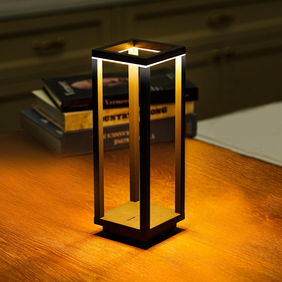 Halostorms cordless table lamp front view with a warm glow in versatile spaces