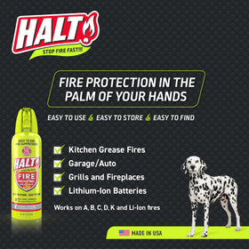 HALT! fire safety spray bright green body improves visibility in emergencies.