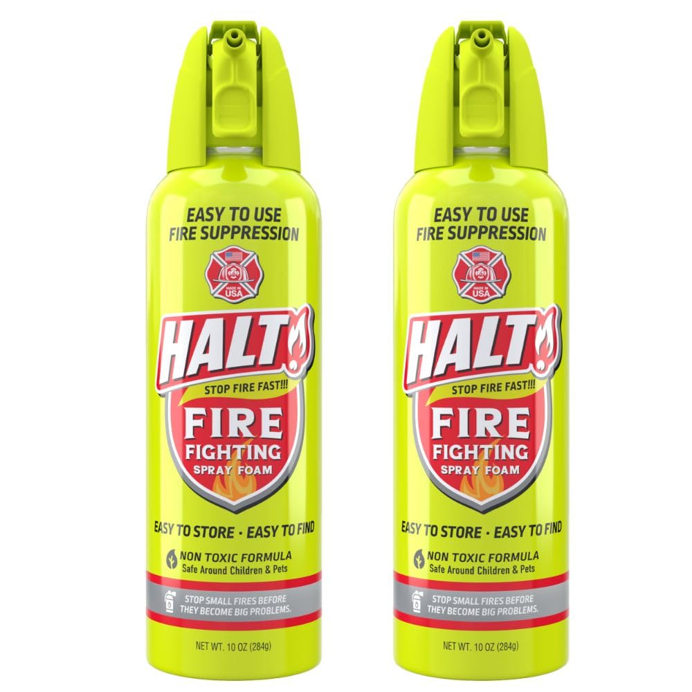 HALT! fire safety spray in compact design for quick emergency access.
