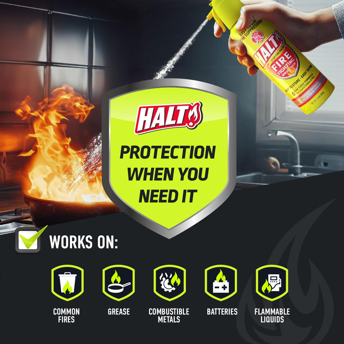 HALT! fire safety spray with ergonomic trigger for fast, controlled spraying.