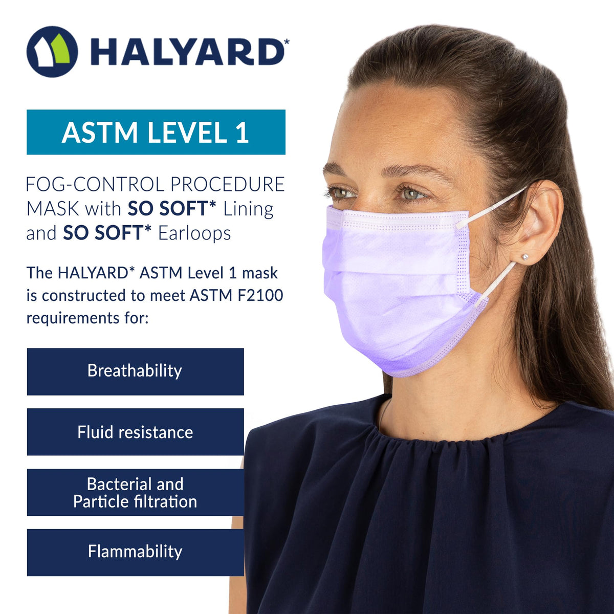 HALYARD FluidShield 1 lavender side profile mask shown for ergonomic fit
