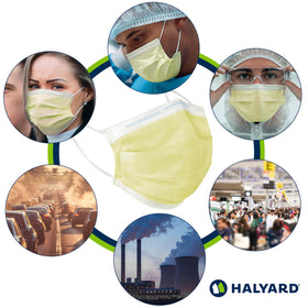 HALYARD FLUIDSHIELD 1 packaging image emphasizes box of 50 masks.