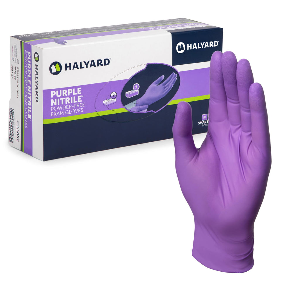 HALYARD Purple Nitrile Dental Gloves box front for exam protection