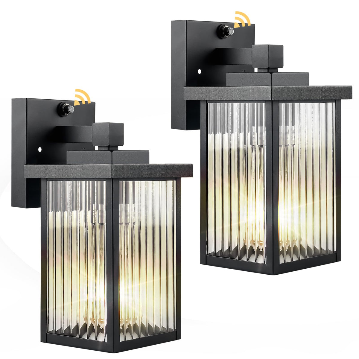 Hameso dusk-to-dawn sconce with textured glass lighting the front door