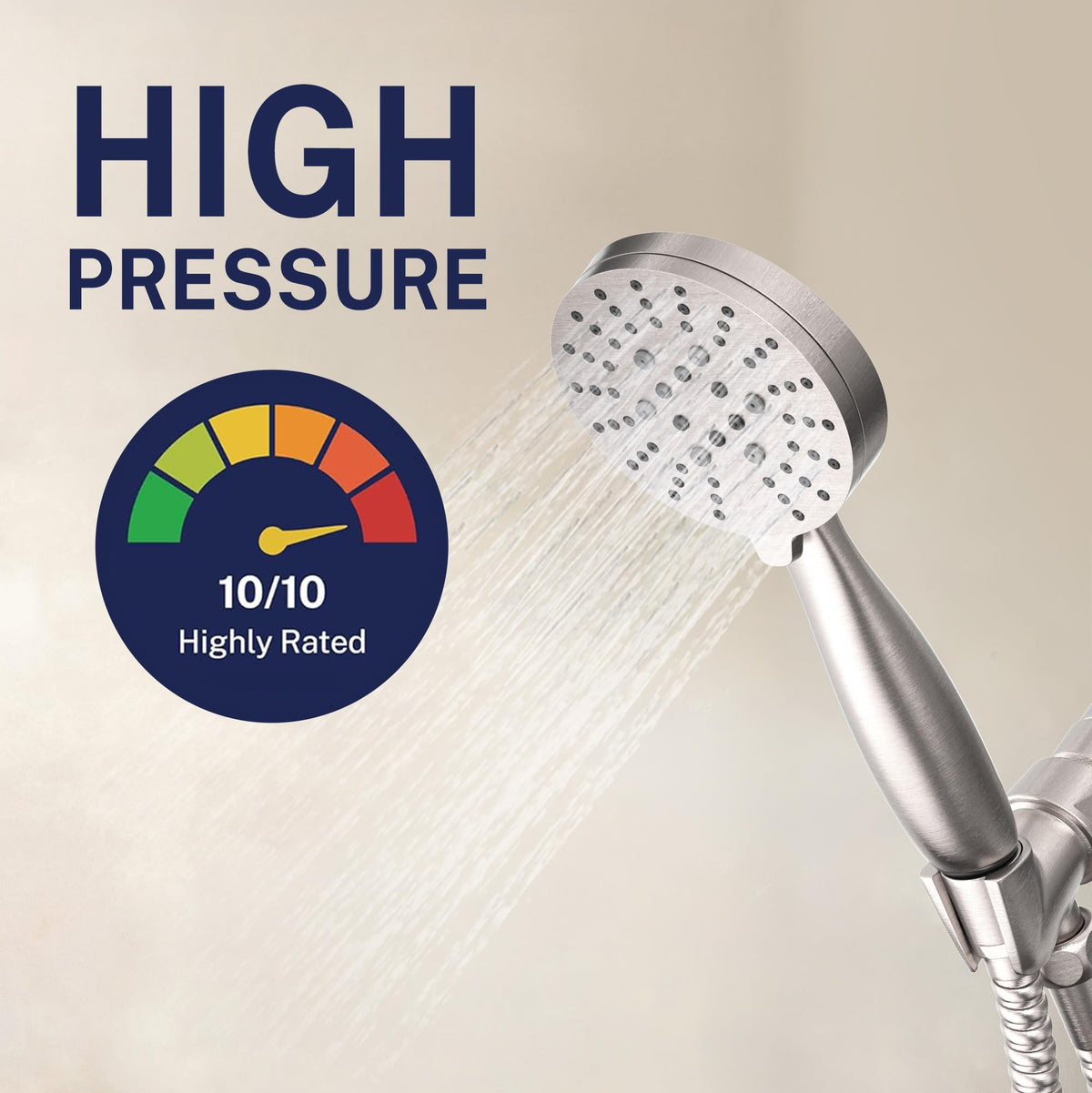Brushed nickel holder keeps the head within easy reach