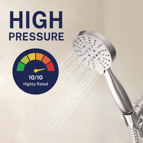 Brushed nickel holder keeps the head within easy reach