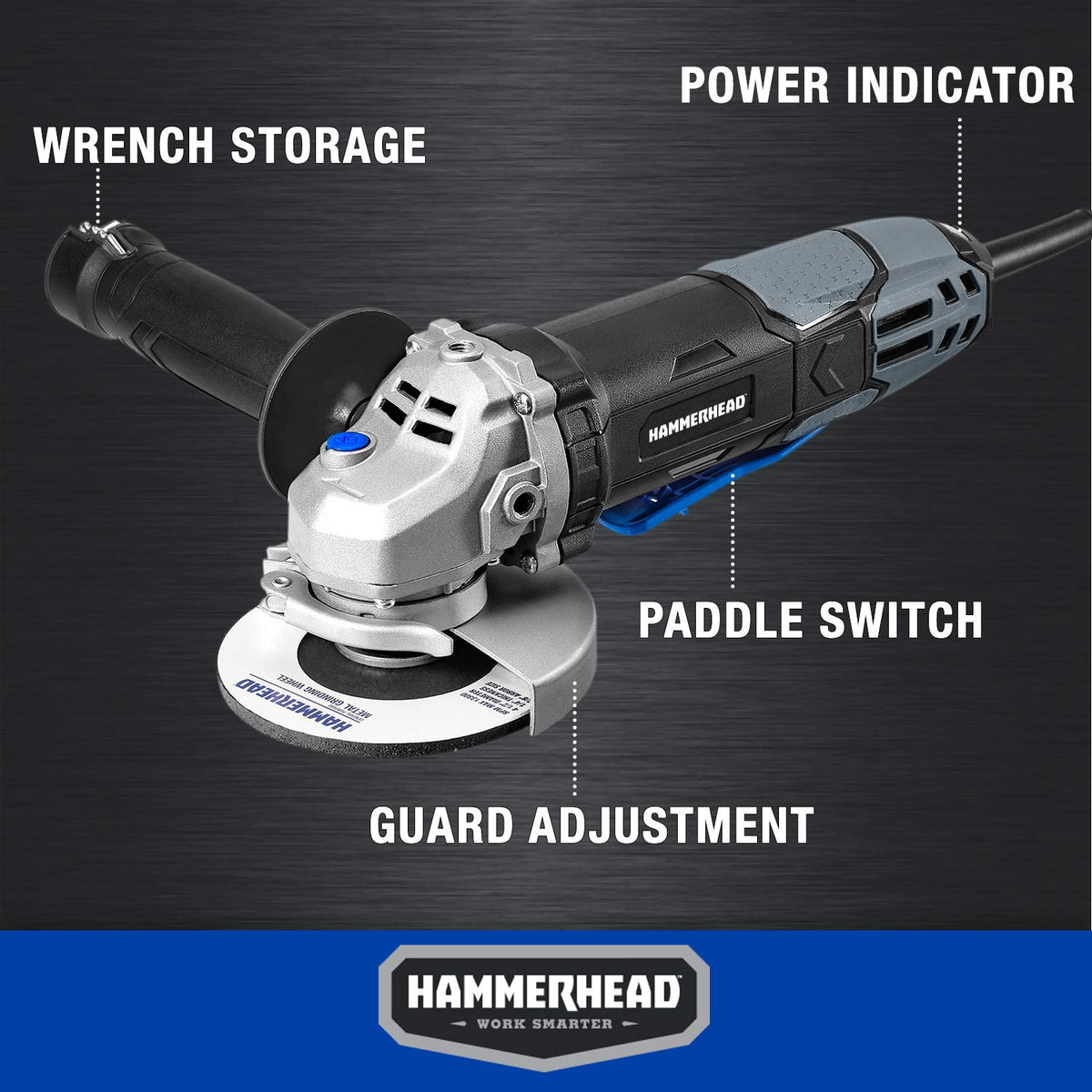 Hammerhead HAAG060 guard area demonstrates tool-free guard adjustment for quick setup.
