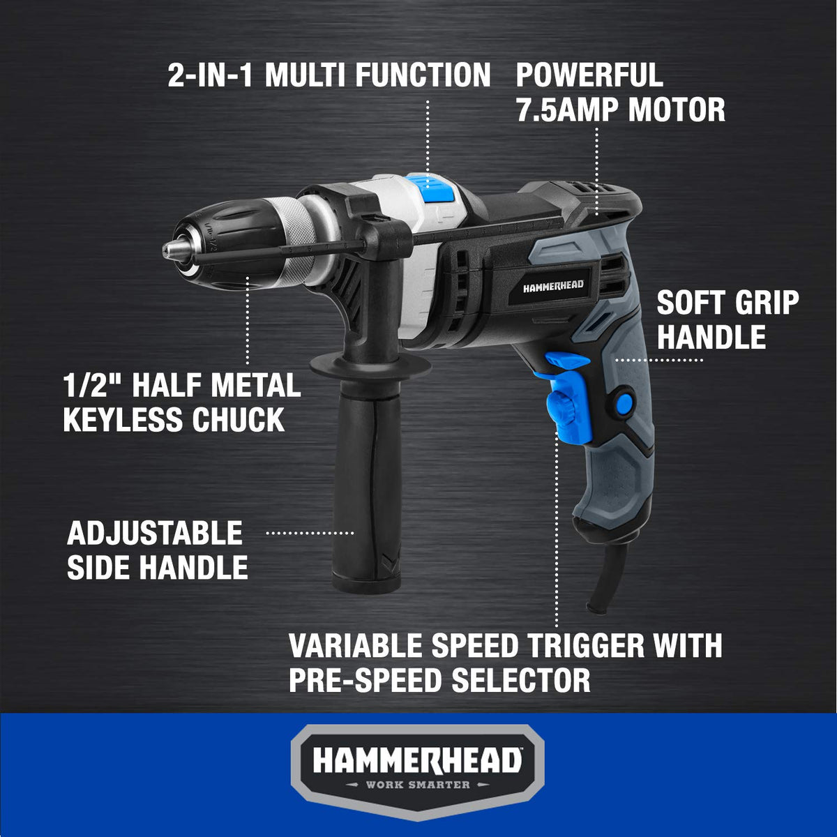 Hammerhead HAHD075 variable speed trigger lets you adapt to material types.