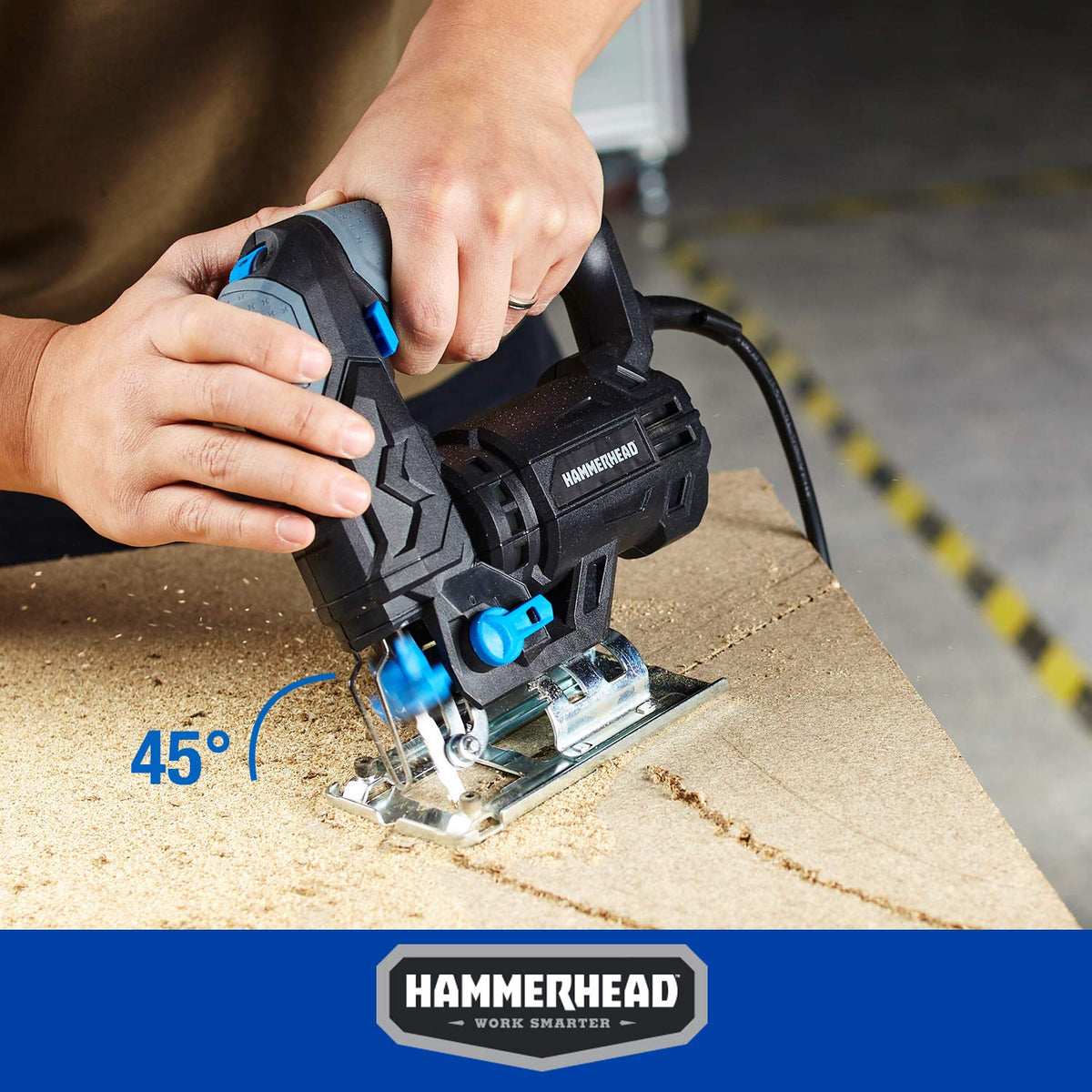 Hammerhead jig saw bevel cut up to 45 degrees for beveled edges.