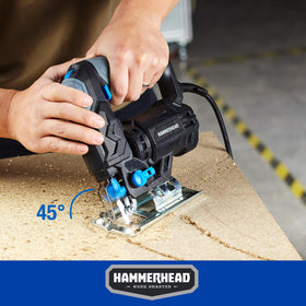 Hammerhead jig saw bevel cut up to 45 degrees for beveled edges.