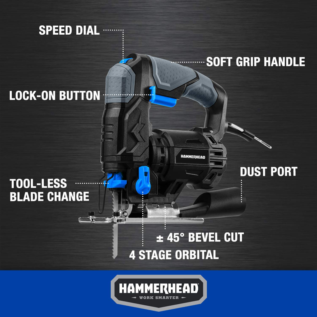 Hammerhead jig saw variable speed controls cutting pace for better accuracy.