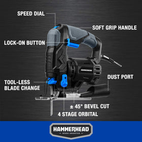 Hammerhead jig saw variable speed controls cutting pace for better accuracy.