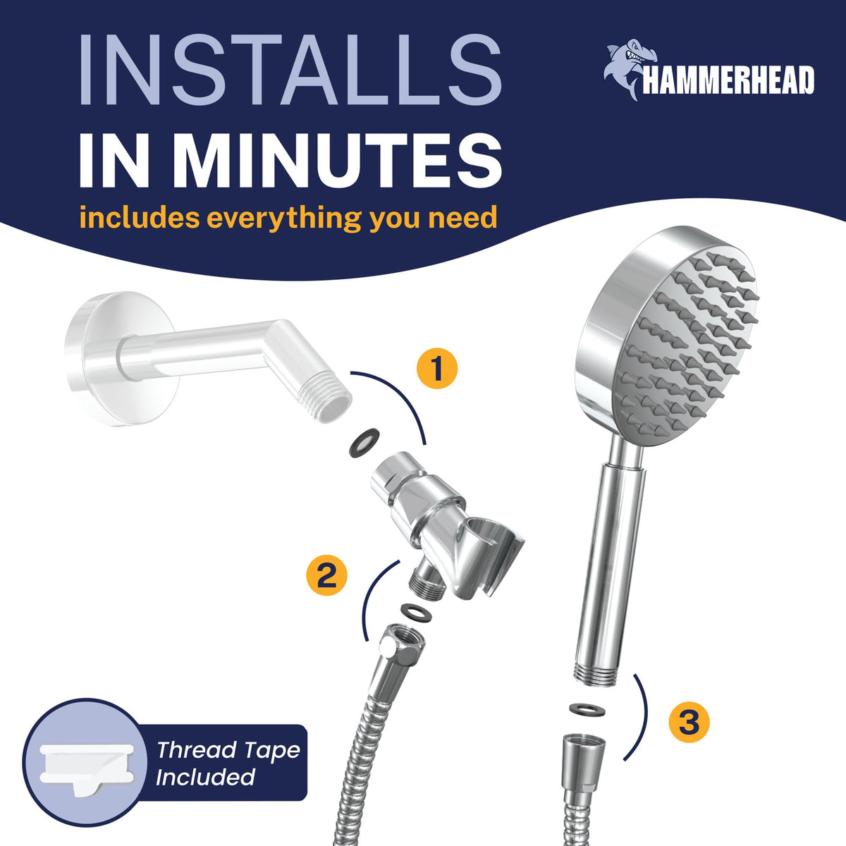 HammerHead Showers 2.5 GPM high-flow head delivers strong, thorough rinsing.