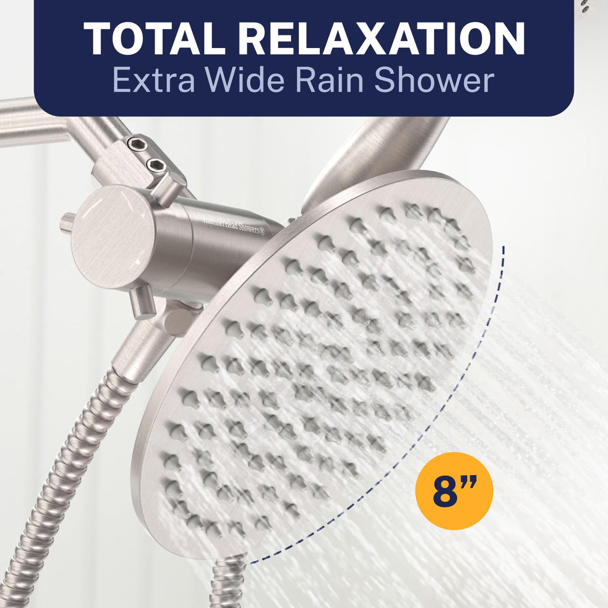 6-foot metal hose extends reach for flexible showering.