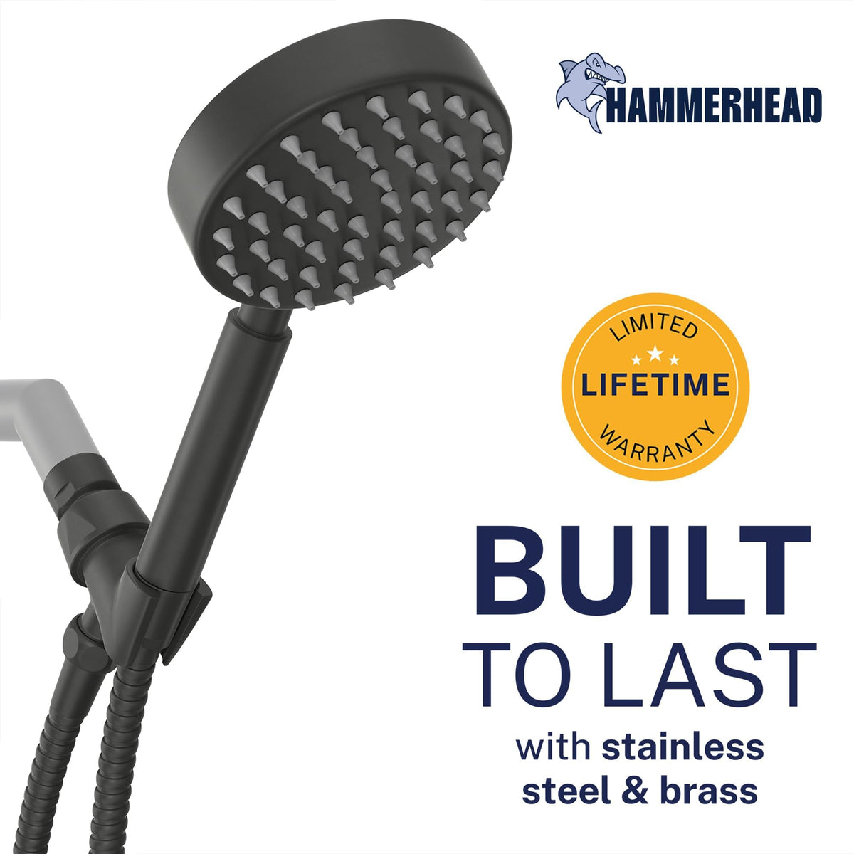 HammerHead Showers 6 ft stainless steel hose extends reach for thorough rinsing.