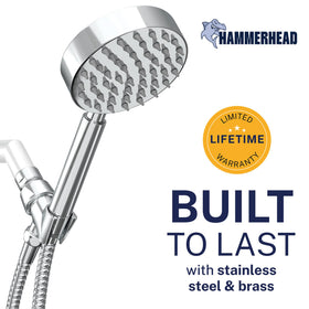 HammerHead Showers 6ft stainless steel hose provides flexible reach.
